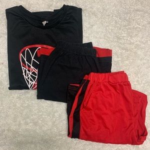 Boys ball set. 1 black and red graphic design shirt. 2 shirts (black and red).